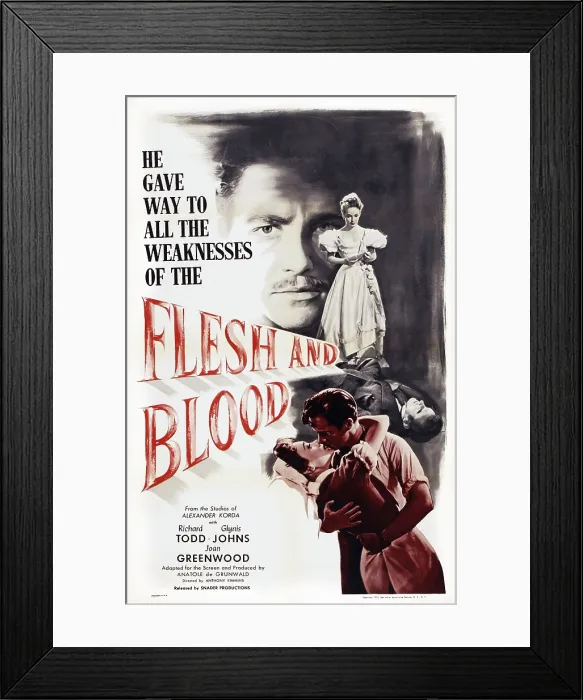 Framed Print : FLESH AND BLOOD, top l-r: Richard Todd, Glynis Johns, bottom l-r: Glynis Johns, Richard Todd on poster art, 1951 Framed Print : FLESH AND BLOOD, top l-r: Richard Todd, Glynis Johns, bottom l-r: Glynis Johns, Richard Todd on poster art, 1951