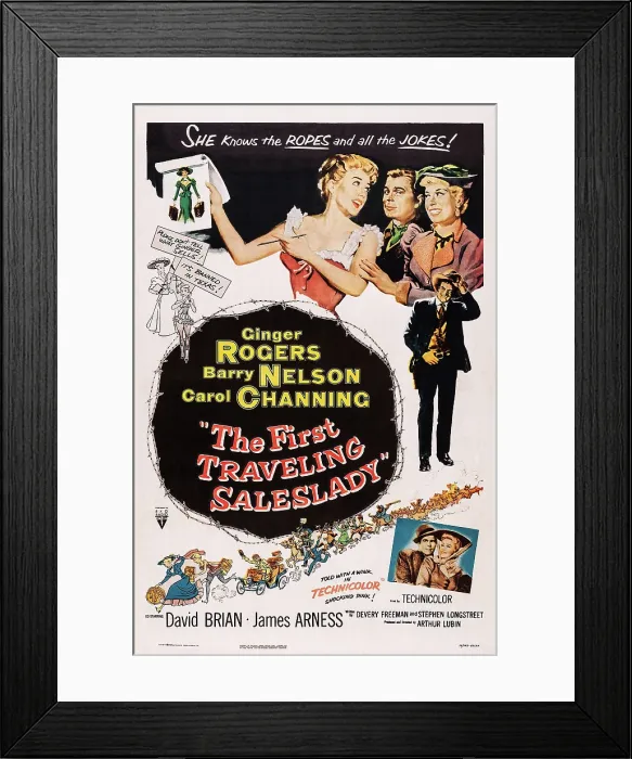 Framed Print : THE FIRST TRAVELING SALESLADY, US poster art, from left: Ginger Rogers, Barry Nelson, Carol Channing, 1956
