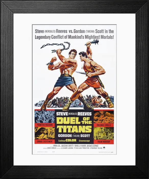 Framed Print : DUEL OF THE TITANS, (aka ROMOLO E REMO), from left: Steve Reeves, Gordon Scott on poster art, 1961 Framed Print : DUEL OF THE TITANS, (aka ROMOLO E REMO), from left: Steve Reeves, Gordon Scott on poster art, 1961