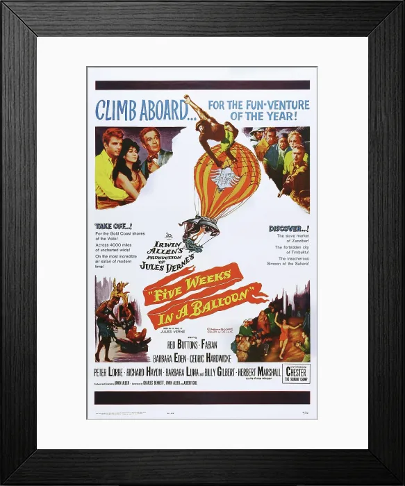 Framed Print : FIVE WEEKS IN A BALLOON, top left l-r: Fabian, Barbara Luna, Red Buttons, top right l-r: Richard Haydn, Cedric Hardwicke, Peter Lorre, Barbara Eden, Red Buttons on poster art Framed Print : FIVE WEEKS IN A BALLOON, top left l-r: Fabian, Barbara Luna, Red Buttons, top right l-r: Richard Haydn, Cedric Hardwicke, Peter Lorre, Barbara Eden, Red Buttons on poster art