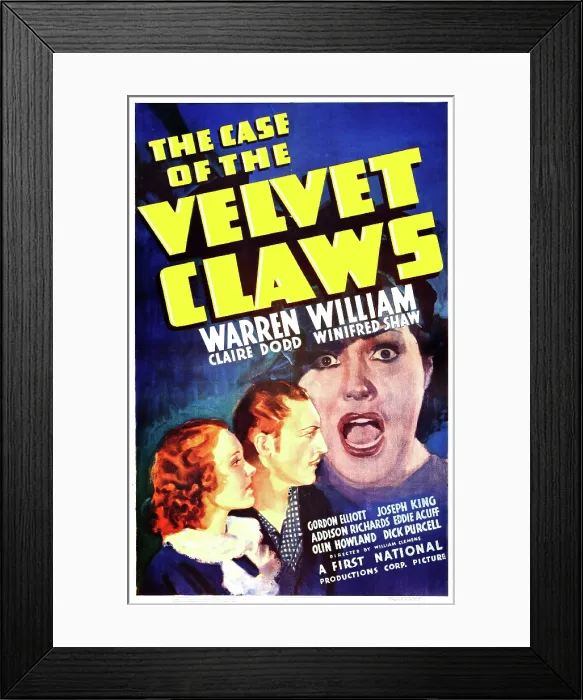 Framed Print : THE CASE OF THE VELVET CLAWS, US poster art, from left: Claire Dodd as Della Street, Warren William as Perry Mason, Wini Shaw, 1936 Framed Print : THE CASE OF THE VELVET CLAWS, US poster art, from left: Claire Dodd as Della Street, Warren William as Perry Mason, Wini Shaw, 1936