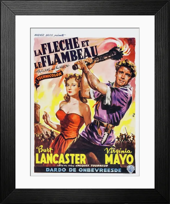 Framed Print : THE FLAME AND THE ARROW, (aka LA FLECHE ET LE FLAMBEAU), l-r: Virginia Mayo, Burt Lancaster on Belgian poster art, 1950