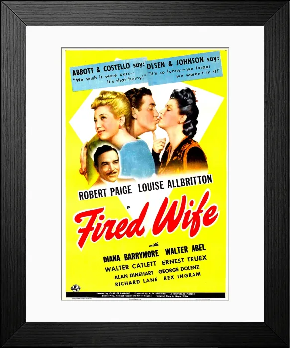 Framed Print : FIRED WIFE, US poster, from left: Walter Abel, Louise Allbritton, Robert Paige, Diana Barrymore, 1943