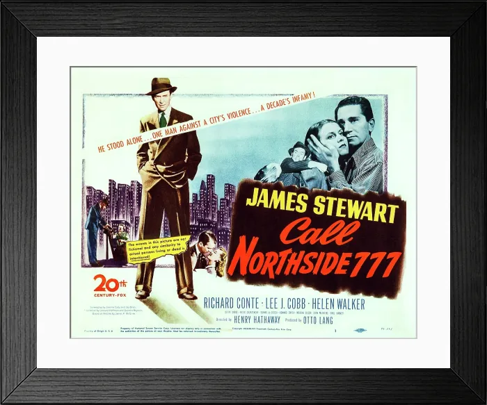 Framed Print : CALL NORTHSIDE 777, US lobbycard, James Stewart, Helen Walker, Richard Conte, 1948. TM and Copyright 20th Century Fox Film Corp. All rights reserved