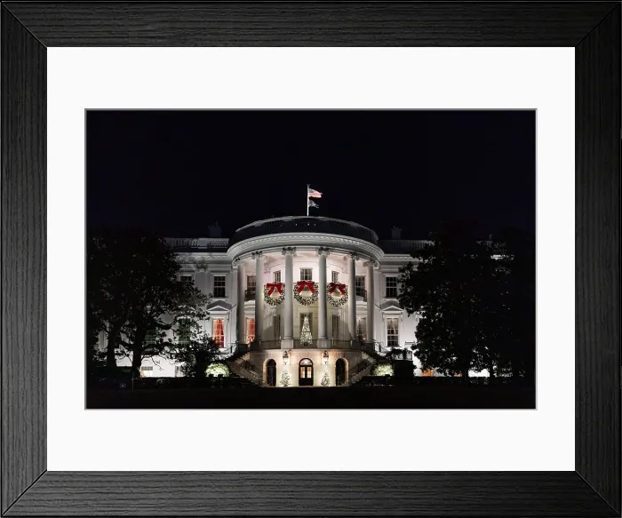 Framed Print : Night view of the south façade of the White House decorated for the holidays, Nov. 29, 2021 (BSLOC_2022_2_48) Framed Print : Night view of the south façade of the White House decorated for the holidays, Nov. 29, 2021 (BSLOC_2022_2_48)