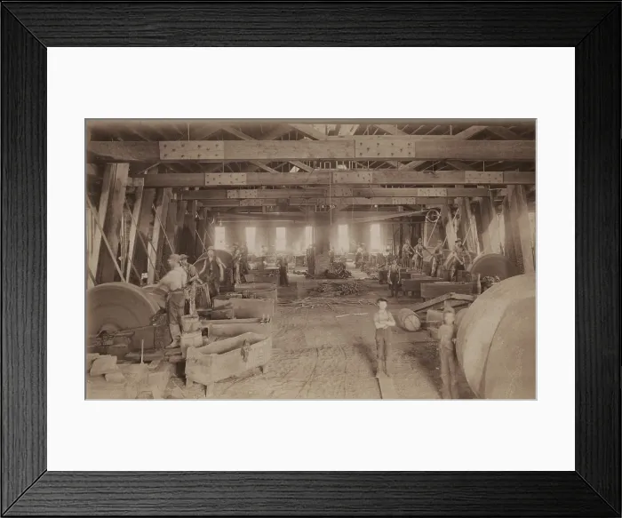 Framed Print : Interior view of a barrel factory in Kalamazoo County, Michigan, ca. 1880. These wooden containers withstood stress and could be rolled and stacked Framed Print : Interior view of a barrel factory in Kalamazoo County, Michigan, ca. 1880. These wooden containers withstood stress and could be rolled and stacked