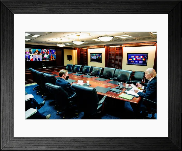 Framed Print : President Joe Biden meets virtually with European Union, NATO, and Canadian leaders, Feb 10, 2022, in the Situation Room of the White House
