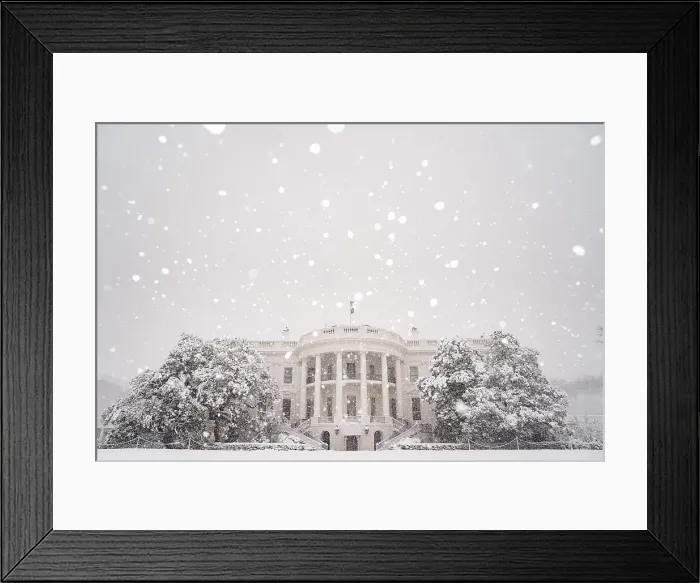 Framed Print : Snow falls on the south lawn of the White House on Jan. 3, 2022, during the biggest snowstorm in Washington, D.C. in three years (BSLOC_2022_2_49)