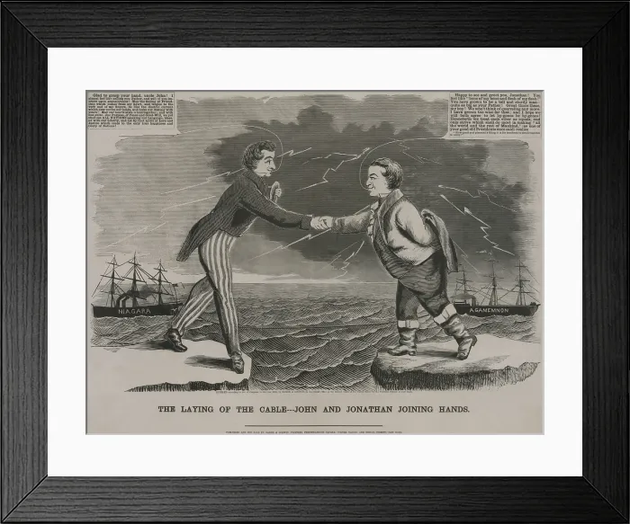 Framed Print : The laying of the cable---John, and Jonathan joining hands, 1858, celebrates the successful completion of the first Atlantic telegraph cable in August 1858 Framed Print : The laying of the cable---John, and Jonathan joining hands, 1858, celebrates the successful completion of the first Atlantic telegraph cable in August 1858