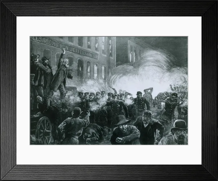 Framed Print : The Haymarket Riot, May 4, 1886, Chicago. Beginning as a strike rally, an unknown person threw a dynamite bomb that killed eight police and several civilians Framed Print : The Haymarket Riot, May 4, 1886, Chicago. Beginning as a strike rally, an unknown person threw a dynamite bomb that killed eight police and several civilians
