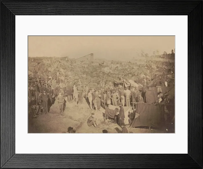Framed Print : Andersonville Prison, Georgia, was photographed by A. J. Riddle, on August 17, 1864. The prisoners are crowded around the ration wagon in the center of the picture
