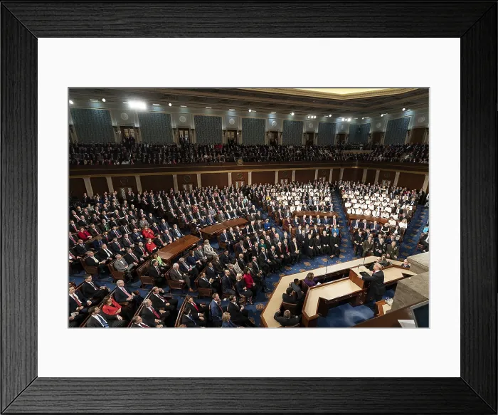 Framed Print : President Donald Trump speaks from the podium of the Capitol's House Chamber