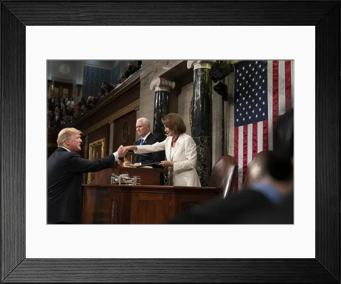 Framed Print : President Donald Trump shakes hands with Speaker of the House, Nancy Pelosi, before his State of the Union address, Feb. 5, 2019 (BSLOC_2019_2_206)