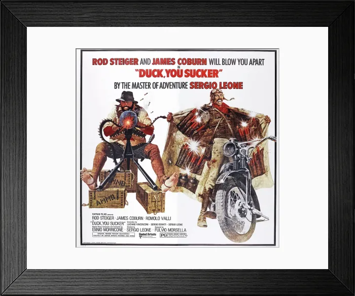 Framed Print : DUCK, YOU SUCKER, (aka GIU LA TESTA, aka A FISTFUL OF DYNAMITE), US poster art, from left: Rod Steiger, James Coburn, 1971 Framed Print : DUCK, YOU SUCKER, (aka GIU LA TESTA, aka A FISTFUL OF DYNAMITE), US poster art, from left: Rod Steiger, James Coburn, 1971