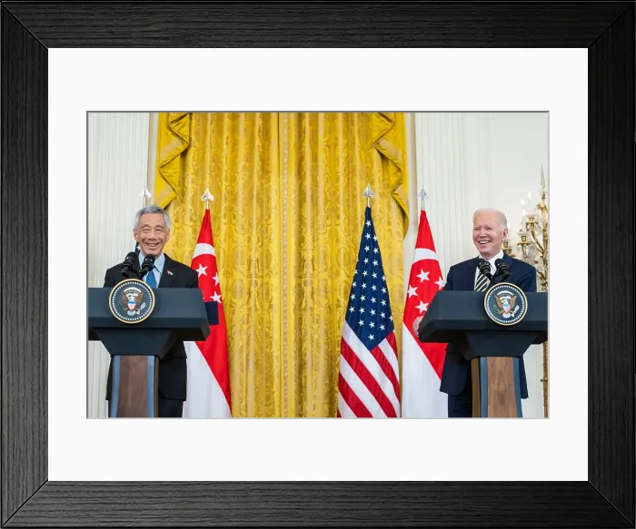 Framed Print : President Joe Biden and Singapore Prime Minister Lee Hsien Loong presented a joint statement to the press, after their discussions on March 29, 2022 Framed Print : President Joe Biden and Singapore Prime Minister Lee Hsien Loong presented a joint statement to the press, after their discussions on March 29, 2022