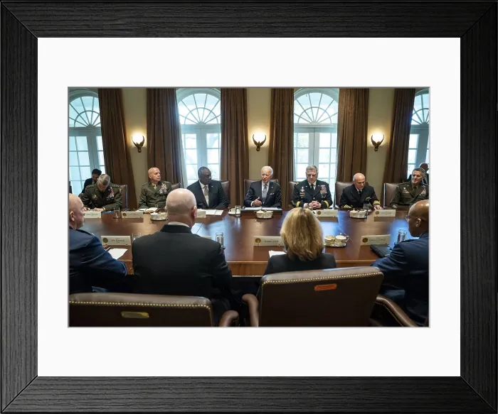 Framed Print : President Joe Biden meets with the Secretary of Defense, the Deputy Secretary of Defense, the Joint Chiefs of Staff, and the Combatant Commanders, April 20, 2022