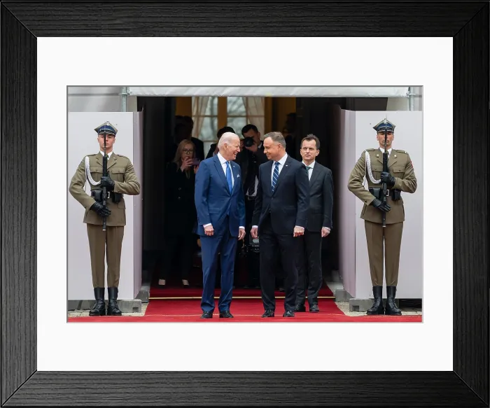 Framed Print : Polish President Andrzej Duda greets President Joe Biden at the Presidential Palace in Warsaw, March 26, 2022