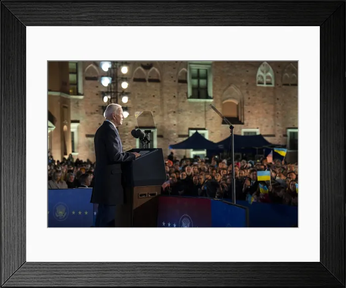 Framed Print : President Joe Biden speaks to a nightime audience of Poles and Ukrainian refugees at the Royal Castle in Warsaw, March 26, 2022