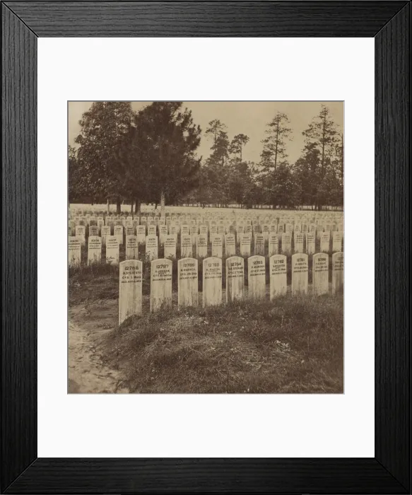 Framed Print : National Cemetery at Andersonville, Georgia in photo taken between 1864-1870. Under difficult conditions, Union soldiers recorded the names of the dead and their burial locations