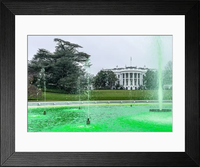 Framed Print : The White House South Lawn fountain was turned green for St. Patrick's Day, March 17, 2022. (BSLOC_2022_3_35) Framed Print : The White House South Lawn fountain was turned green for St. Patrick's Day, March 17, 2022. (BSLOC_2022_3_35)