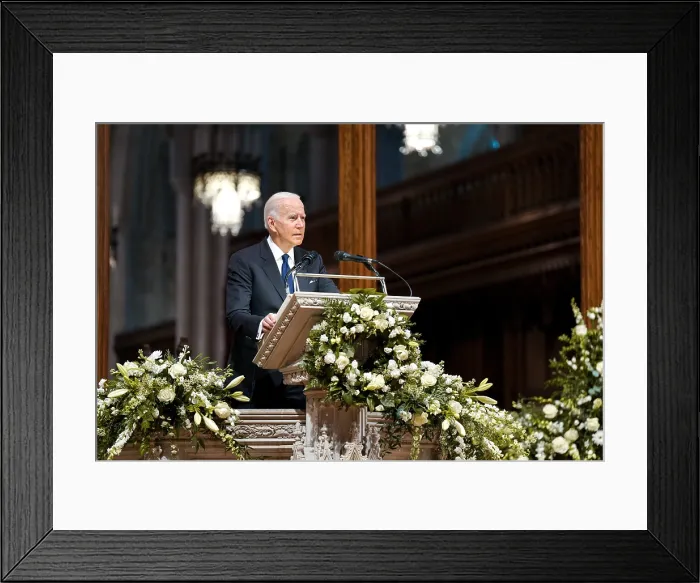 Framed Print : President Joe Biden delivers the eulogy for former Secretary of State Madeline Albright. At her state funeral he praised her as a force of nature
