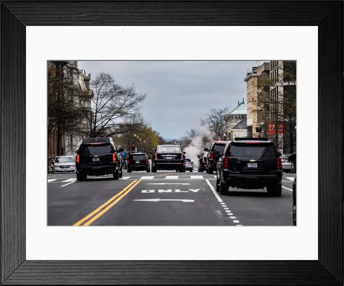 Framed Print : President Joe Biden's motorcade driving through Washington, D.C. April 6, 2022. (BSLOC_2022_3_39) Framed Print : President Joe Biden's motorcade driving through Washington, D.C. April 6, 2022. (BSLOC_2022_3_39)