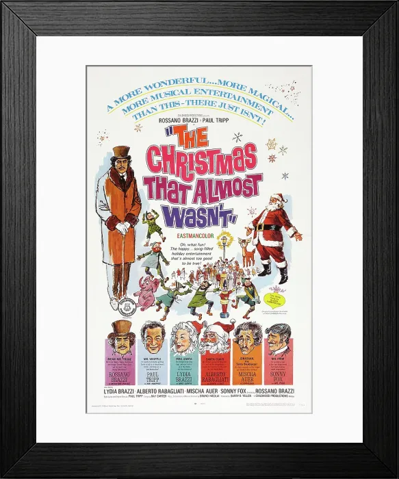 Framed Print : THE CHRISTMAS THAT ALMOST WASN'T, (aka IL NATALE CHE QUASI NON FU), US poster art, bottom from left: Rossano Brazzi, Paul Tripp, Lydia Brazzi, Alberto Rabagliati, Mischa Auer