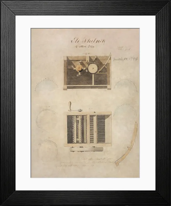 Framed Print : Eli Whitney's Patent for the Cotton gin, March 14, 1794. Whitney did not intend to sell the gins Framed Print : Eli Whitney's Patent for the Cotton gin, March 14, 1794. Whitney did not intend to sell the gins