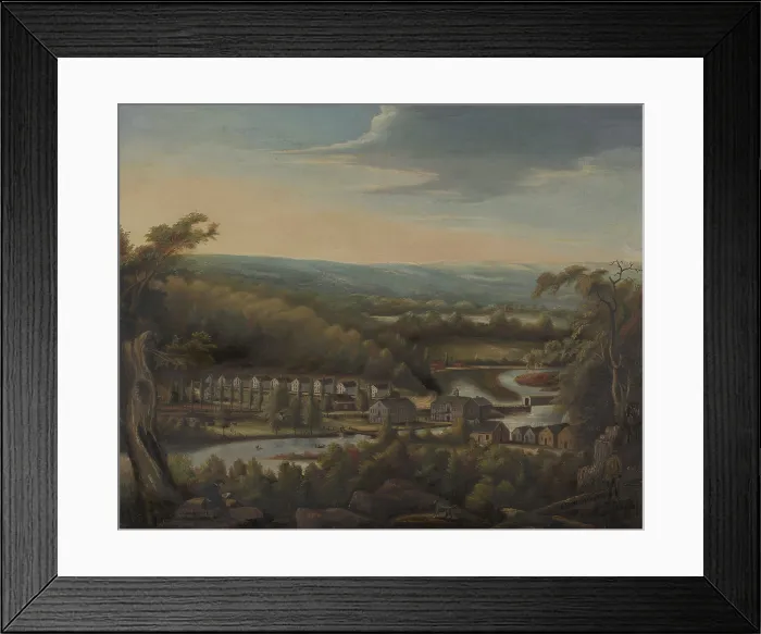 Framed Print : Eli Whitney Gun Factory and Whitneyville, 1827. Connecticut's Mill River flows through the site near New Haven
