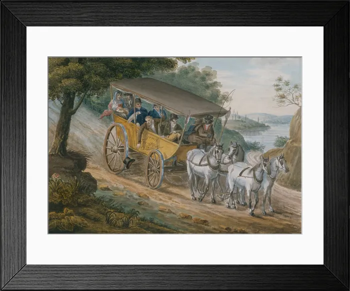 Framed Print : Travel by Stagecoach Near Trenton, New Jersey, 1811-13, by Pavel Petrovich Svinin. As the coach negotiates traveling downhill, a passenger drops his top hat to the road Framed Print : Travel by Stagecoach Near Trenton, New Jersey, 1811-13, by Pavel Petrovich Svinin. As the coach negotiates traveling downhill, a passenger drops his top hat to the road