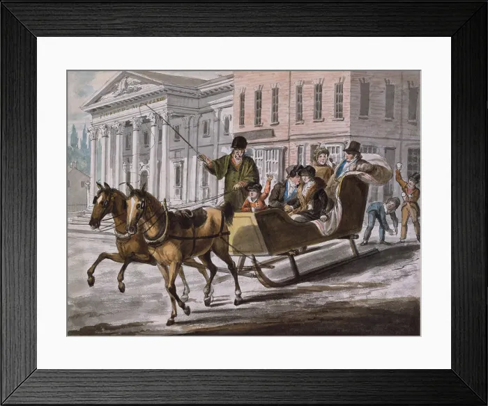 Framed Print : Horse drawn sled in Philadelphia, 1811-13, by Pavel Petrovich Svinin. Two boys, playing in the snow are about to launch snowballs at the back of the sled Framed Print : Horse drawn sled in Philadelphia, 1811-13, by Pavel Petrovich Svinin. Two boys, playing in the snow are about to launch snowballs at the back of the sled