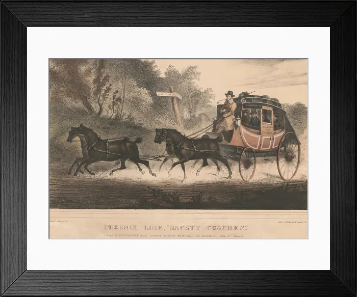 Framed Print : Washington-Baltimore stagecoach drawn by four horses, 1830-1834. The Phoenix Line, safety coaches will make the 40 mile trip in about 5 hours