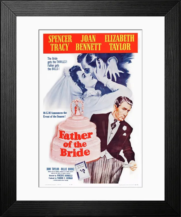 Framed Print : FATHER OF THE BRIDE, US poster art, top from left: Elizabeth Taylor, Don Taylor, bottom: Spencer Tracy, 1950 Framed Print : FATHER OF THE BRIDE, US poster art, top from left: Elizabeth Taylor, Don Taylor, bottom: Spencer Tracy, 1950