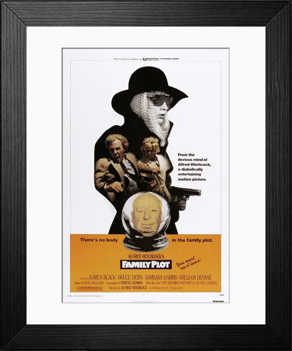 Framed Print : FAMILY PLOT, from top: Karen Black, Bruce Dern, Barbara Harris, Alfred Hitchcock on poster art, 1976 Framed Print : FAMILY PLOT, from top: Karen Black, Bruce Dern, Barbara Harris, Alfred Hitchcock on poster art, 1976