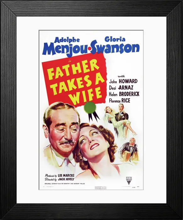 Framed Print : FATHER TAKES A WIFE, bottom left, from left: Adolphe Menjou, Gloria Swanson on one-sheet poster art, 1941
