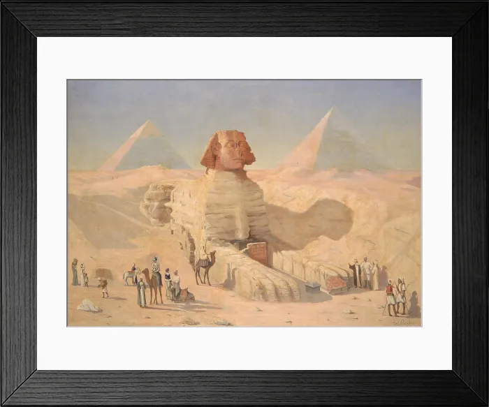 Framed Print : The Sphinx, 1896, by George E. Raum, 1846-1922, American painting, oil on canvas. Egyptian landscape with the Great Sphinx, and Pyramids of Khafre and Khufu