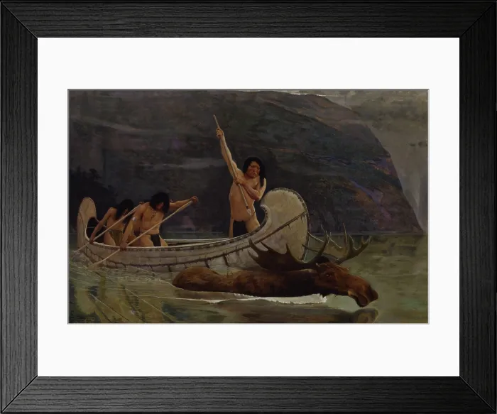 Framed Print : The Moose Chase, 1888, by George de Forest Brush, 1855-1941, American painting, oil on canvas. A Native American stands in a canoe, prepared to spear a swimming bull moose Framed Print : The Moose Chase, 1888, by George de Forest Brush, 1855-1941, American painting, oil on canvas. A Native American stands in a canoe, prepared to spear a swimming bull moose