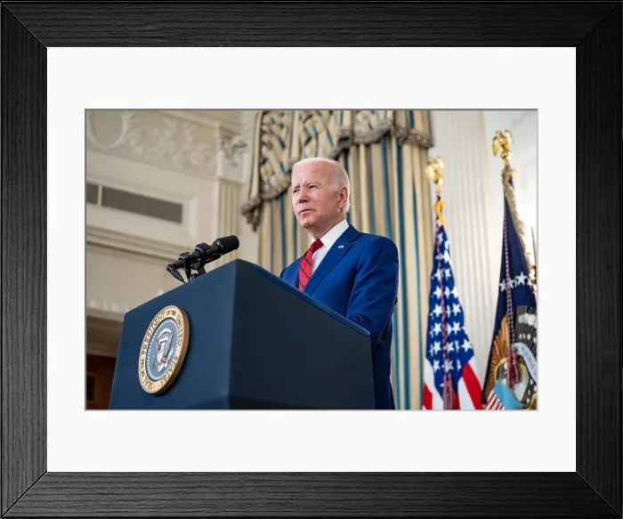 Framed Print : President Joe Biden speaks in the State Dining Room before signing nine veterans health care bills, June 7, 2022