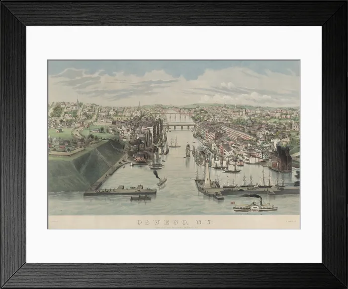 Framed Print : Oswego, New York, in a Bird's-eye view of the mouth of the Oswego River at Lake Ontario, 1855