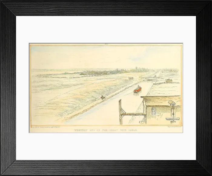 Framed Print : Bird's-eye view of a canal boat traveling on the western end of the Erie Canal between Rochester and Middleport, 1829 Framed Print : Bird's-eye view of a canal boat traveling on the western end of the Erie Canal between Rochester and Middleport, 1829
