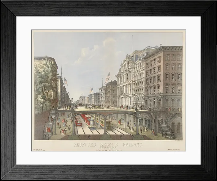 Framed Print : A proposed arcade railroad, under Broadway in New York City, ca. 1850s. This imagined view north begins at Wall Street, with Trinity Church on left Framed Print : A proposed arcade railroad, under Broadway in New York City, ca. 1850s. This imagined view north begins at Wall Street, with Trinity Church on left