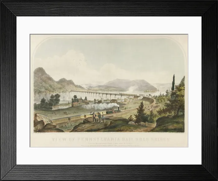 Framed Print : View of Pennsylvania Railroad Bridge over Susquehanna River, 5 miles above Harrisburg, ca. 1850. One passenger train is on the bridge as another approaches