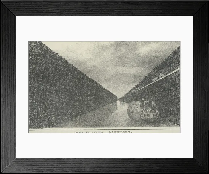 Framed Print : Canal boats are towed by horses walking on a tow path built into the wall of the Erie Canal at the Deep Cut west of Lockport (BSLOC_2019_7_102)