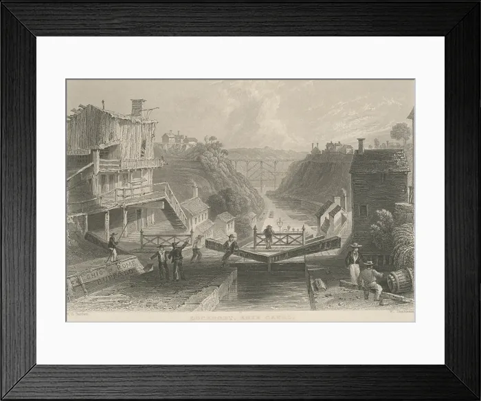 Framed Print : A eastward bound canal boat waiting to enter the highest of the five locks at Lockport, on the Erie Canal, to descend 50 feet, in Lockport, New York, 1825 (BSLOC_2019_7_103)