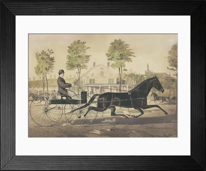Framed Print : Man driving an open carriage drawn by one trotting horse on a dirt road, ca. 1835-55. Two similar carriages share the street, on which there is a inn (BSLOC_2019_7_88)