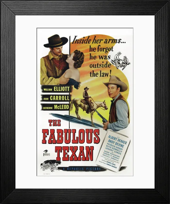 Framed Print : THE FABULOUS TEXAN, poster art, l-r: John Carroll, Catherine McLeod, Bill Elliott, 1947 Framed Print : THE FABULOUS TEXAN, poster art, l-r: John Carroll, Catherine McLeod, Bill Elliott, 1947