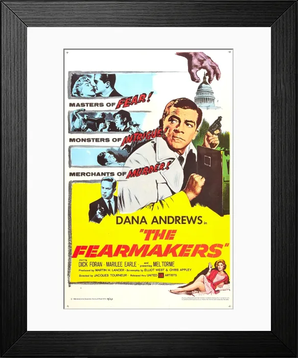 Framed Print : THE FEARMAKERS, US poster, bottom from left: Mel Torme, Dana Andrews, Marilee Earle (bottom right), 1958