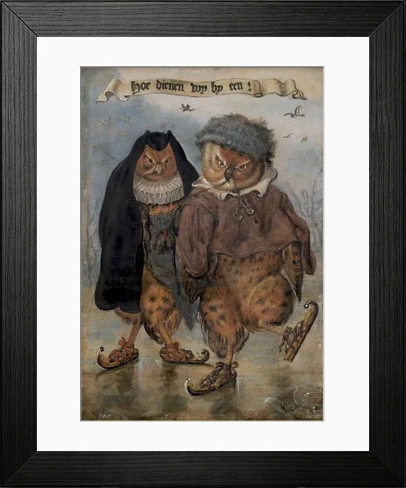 Framed Print : How Well We Go Together, c.1615-1650, by Adriaen Pietersz van de Venne, 1589-1662, Dutch painting, oil on panel. Two anthromorphized owls skate across ice in a winter landscape