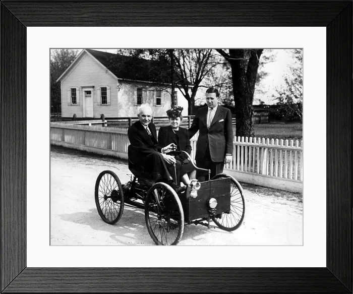 Framed Print : Henry Ford in his first automobile dated 1896. With him, wife Clara Bryant and grandson Henry Ford II, 1946. Courtesy: CSU Archives / Everett Collection Framed Print : Henry Ford in his first automobile dated 1896. With him, wife Clara Bryant and grandson Henry Ford II, 1946. Courtesy: CSU Archives / Everett Collection