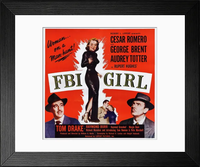 Framed Print : FBI GIRL, US poster art, left: Cesar Romero; center: Audrey Totter; right: George Brent, 1951
